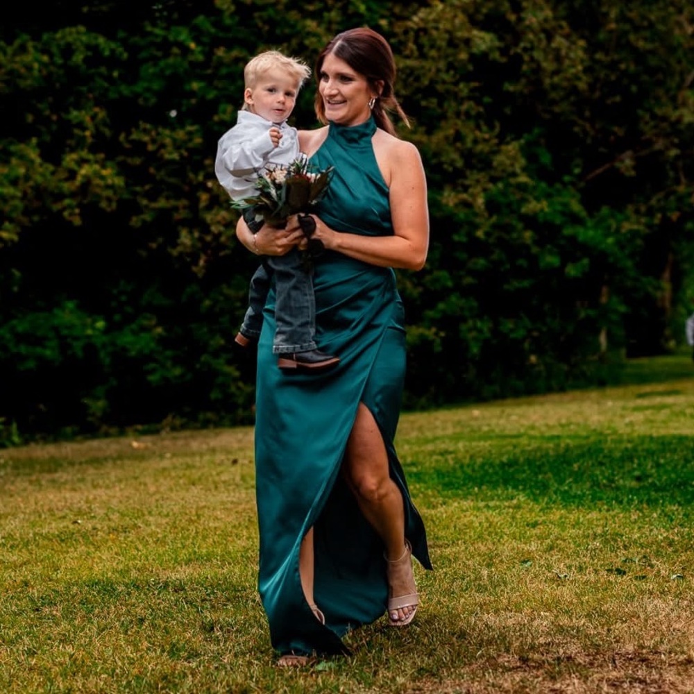 Elegant Azazie Peacock Halter Gown